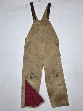 VTG Carhartt R02 Distressed Bib Overalls Brown Double Knee Insulated Workwear